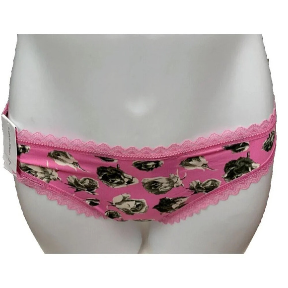 Calvin Klein XL Pink Rose Flower Print Scallop Lace Trim Thong Panties - Picture 2 of 5